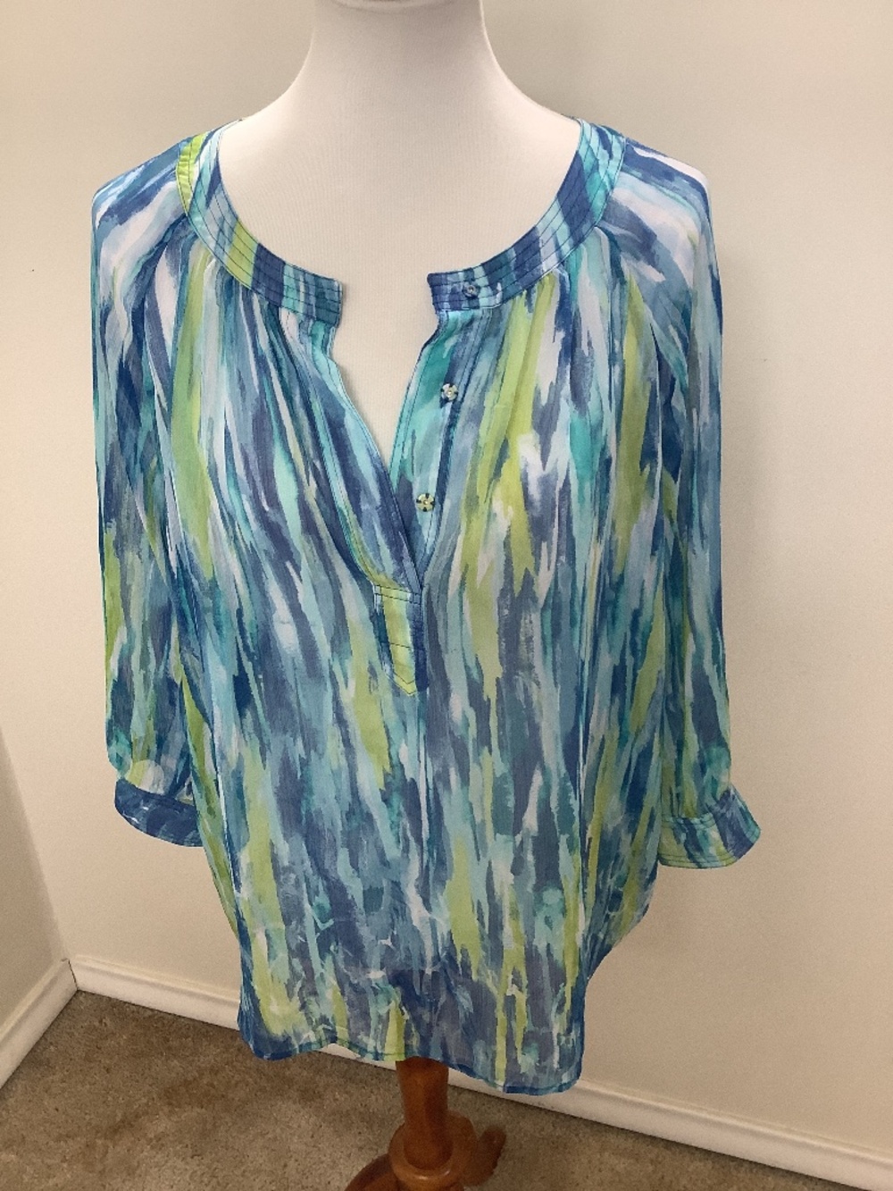Chicos Long Sleeve Sheer Top in Shades of Blue, White & Yellow